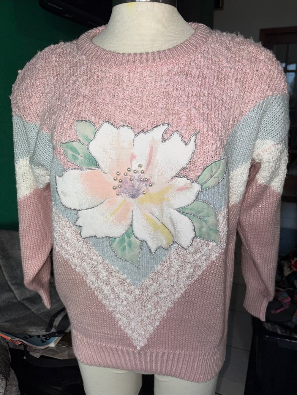 Vintage Jaclyn Smith Knit Sweater S, Pastel Pink Magnolia Chevron Pearl